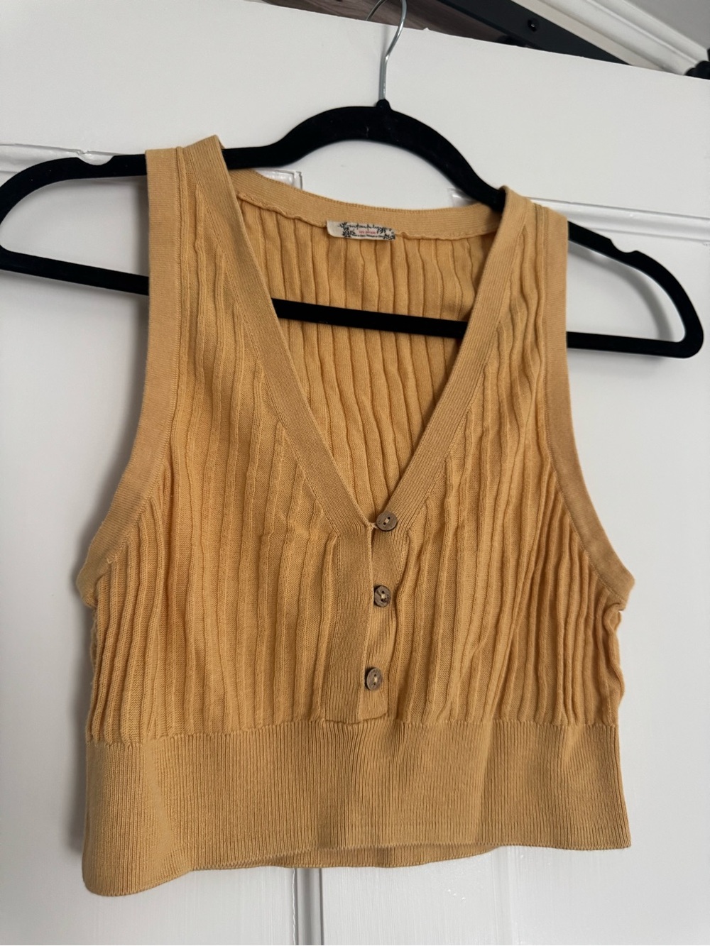 Free People Ribbed V‑Neck Button Crop Top - Mustard Yellow